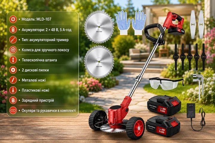 Аккумуляторная газонокосилка-триммер MLD-107 красная &bull; Триммер для покоса травы 48V с 2 аккумуляторами, колёсами и набором насадок 58259 фото