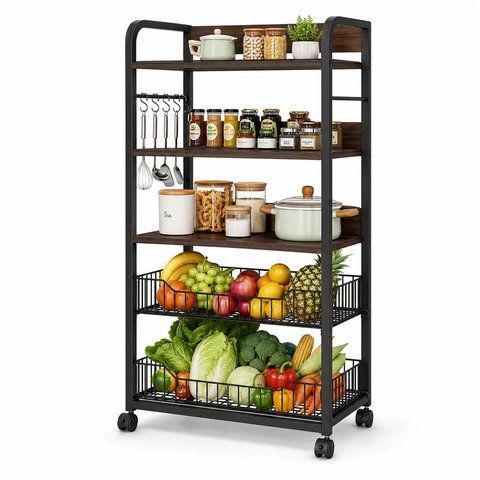 Мобільний стелаж для кухні YM162 на 5 ярусів &bull; Пересувна стійка-органайзер на колесах для зберігання овочів, фруктів, посуду та побутових речей 58190 фото
