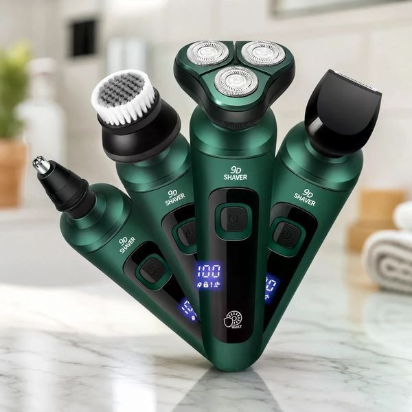 Електробритва 4 в 1 Shaver 9D зелена &bull; Чоловіча акумуляторна роторна бритва з тримером, насадкою для носа, щіткою для обличчя та LCD-дисплеєм 58621 фото