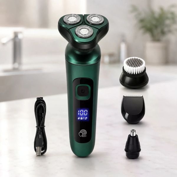 Електробритва 4 в 1 Shaver 9D зелена &bull; Чоловіча акумуляторна роторна бритва з тримером, насадкою для носа, щіткою для обличчя та LCD-дисплеєм 58621 фото