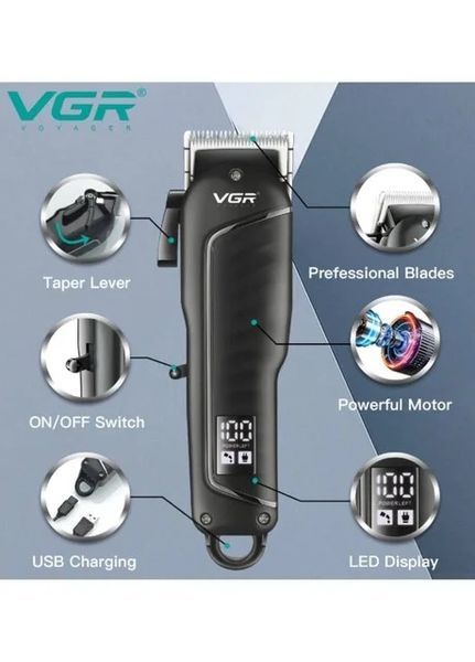 Професійна машинка для стрижки VGR V-683 для волосся та бороди &bull; Акумуляторний тример з LED-дисплеєм, USB-зарядкою та насадками 3/6/9/12 мм 57658 фото