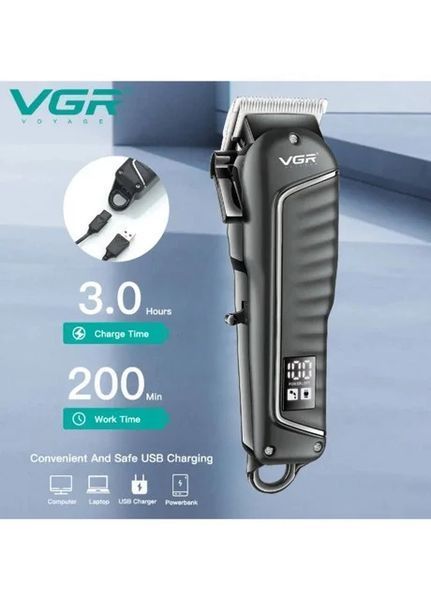 Професійна машинка для стрижки VGR V-683 для волосся та бороди &bull; Акумуляторний тример з LED-дисплеєм, USB-зарядкою та насадками 3/6/9/12 мм 57658 фото