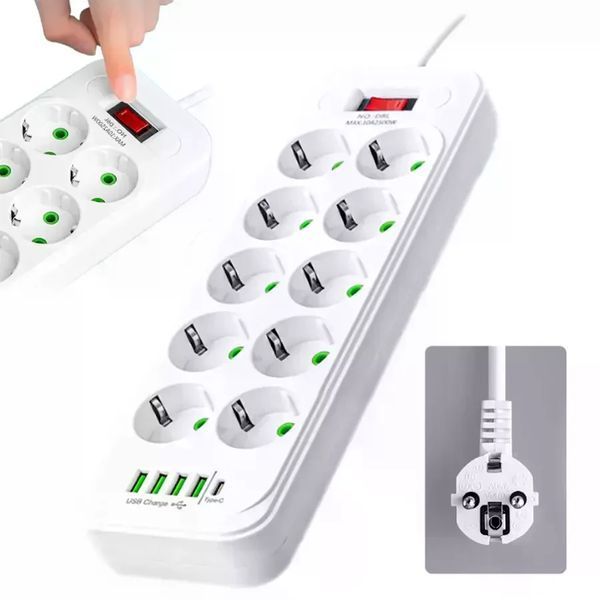 Мережевий подовжувач-фільтр PNS-02/D10 білий 5 м з LED-індикатором, 4 USB і PD Type-C &bull; Розгалужувач живлення 10&ndash;220V для дому, офісу та техніки 58112 фото